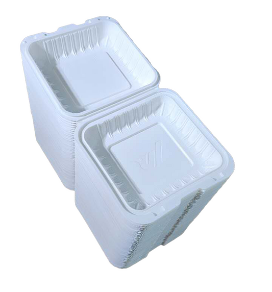 8" x 8" 1-Compartment Microwaveable White Mineral-Filled Plastic Hinged Take-Out Container - 85/Case