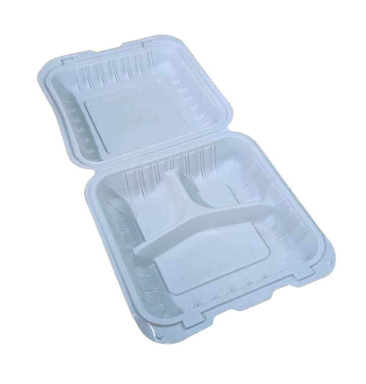 8" x 8" 3-Compartment Microwaveable White Mineral-Filled Plastic Hinged Take-Out Container - 85/Case (Copy)