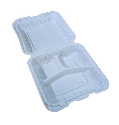 8" x 8" 3-Compartment Microwaveable White Mineral-Filled Plastic Hinged Take-Out Container - 85/Case (Copy)