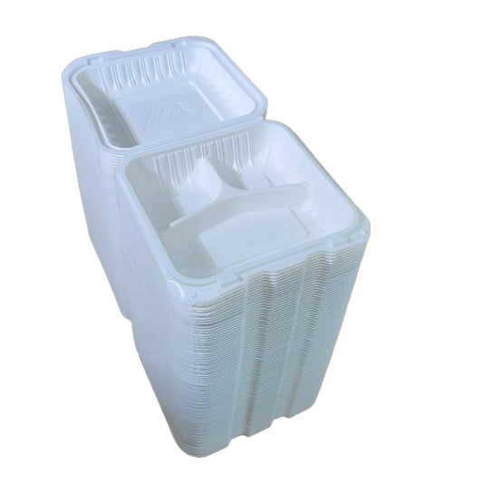 8" x 8" 3-Compartment Microwaveable White Mineral-Filled Plastic Hinged Take-Out Container - 85/Case (Copy)