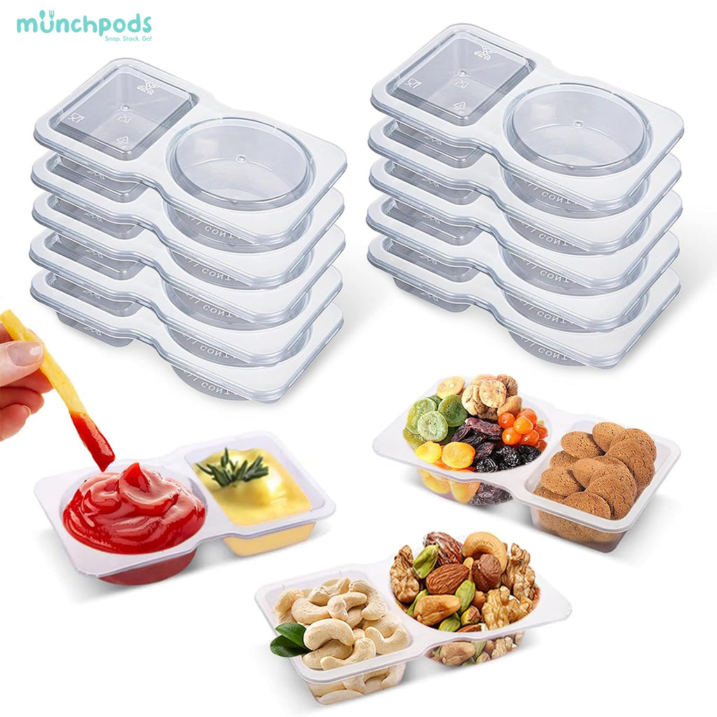 MunchPods 10PCS Double Compartment Condiment Container Reusable Snack Container 2 Compartments With Lids Snack Pack